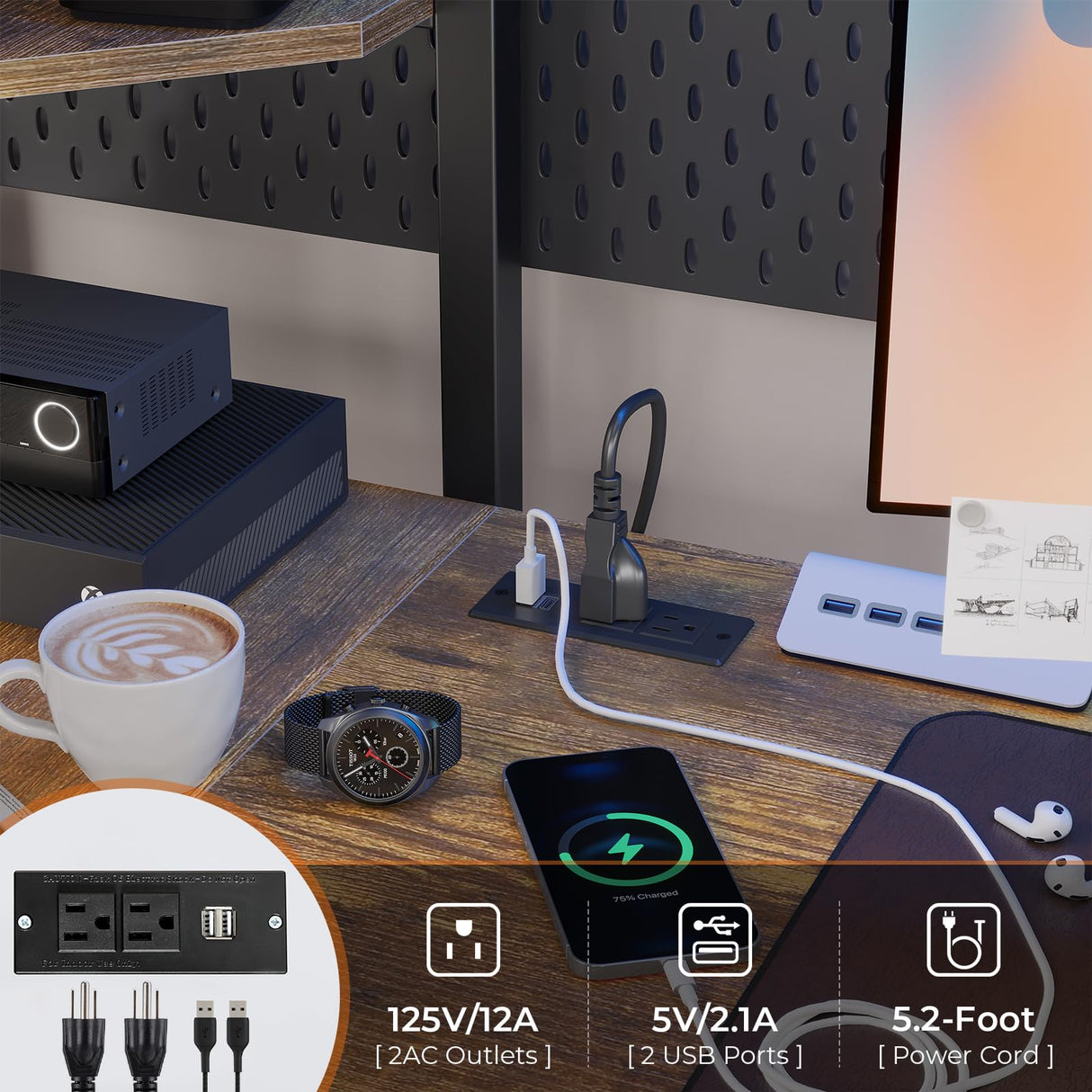 DICTAC Twin Loft Bed with U-Shaped Desk, LED Lights, Charging Station, and Storage Shelves - Black DICTAC