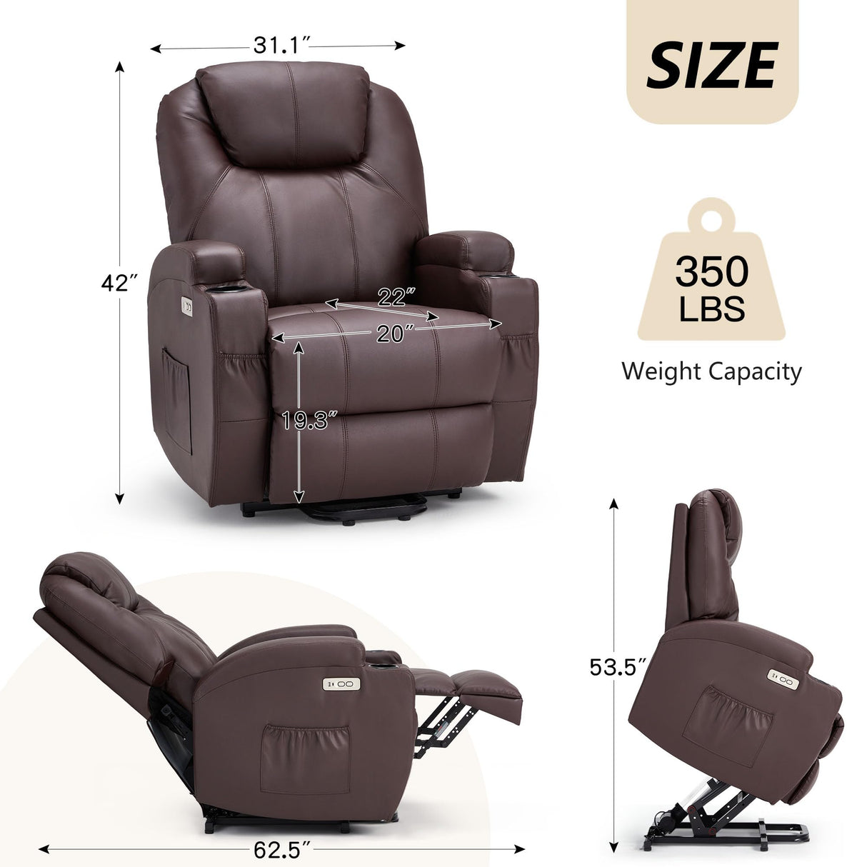 Esright Power Lift Recliner Chair for Elderly, Electric Lift Chair Sofa with Side Pockets, USB & Type-C Ports, Cup Holders, Brown, PU Leather Esright