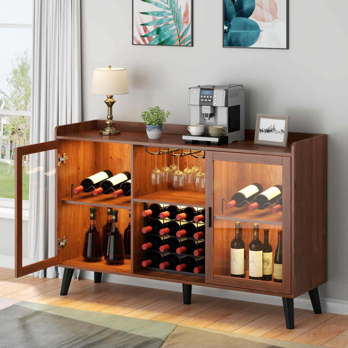 Loomie Wine Bar Cabinet with LED Light, Home Coffee Cabinet with Wine Rack and Glass Holder, Kitchen Buffet Sideboard W Storage Shelf, Freestanding Liquor Cabinet for Living Room, Dining Room (Walnut) Loomie
