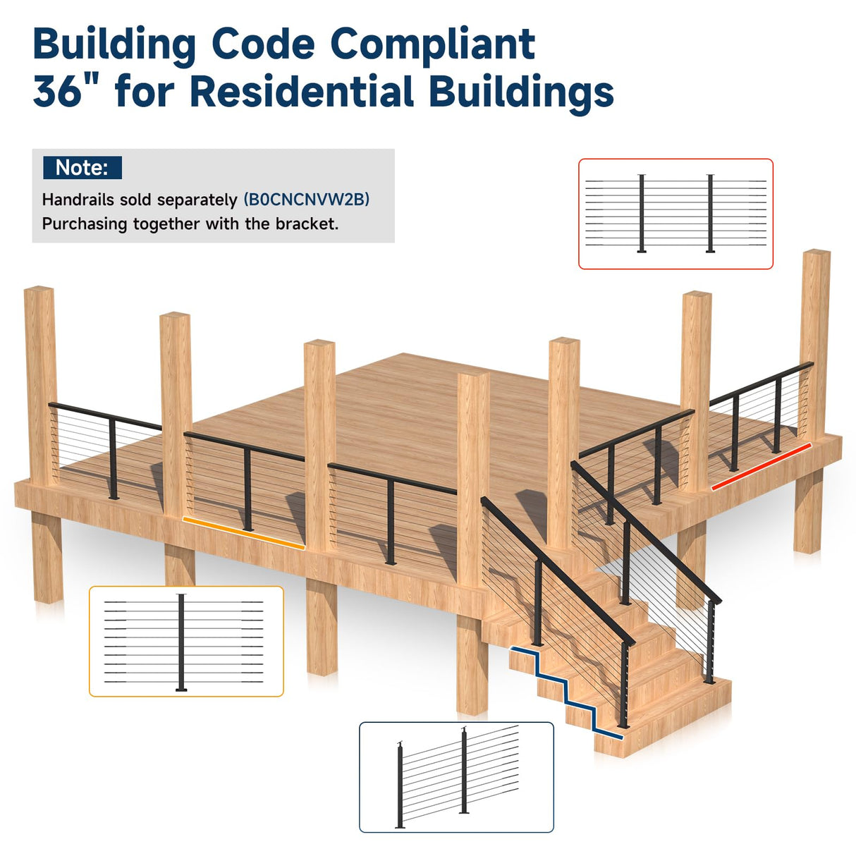 Gyykzz 5FT-8FT Porch Railing, 36" Matte Black Level Drilled Cable Railing Post Kits System for Outdoor Wood Porch with 1 Stainless Steel Railing Post, 99ft Black Cable, 20 Thread Swage Lag Screws Gyykzz