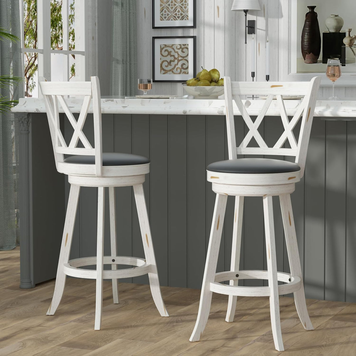Betterhood 29" Bar Height Swivel Stools - High Back Swivel Barstools with Upholstered Seat & Solid Wood Footrest, Counter Bar Chairs for Kitchen Island & Pub (White, Set of 2) Betterhood