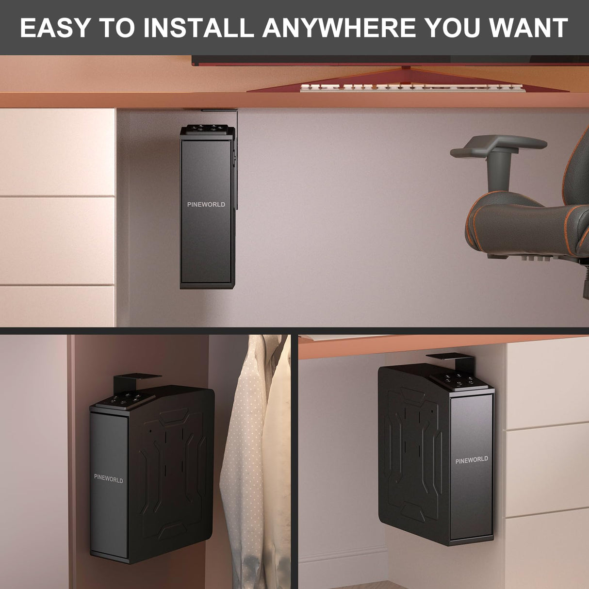 PINEWORLD Gun Safe For Handgun, Biometric Slider Bedside Handgun Safe, Pistol Lock Case for Nightstand,Sliding Door Hand Gun Safe for Pistol -with 3 Quick Access Fingerprint, PIN Code, KEY PINEWORLD