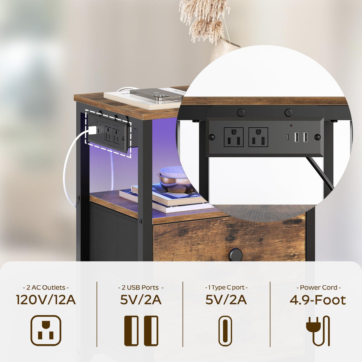 YATINEY Nightstands with Charging Station, Night Stand Set of 2 with LED Lights, Side Table with 2 Non-Woven Drawers, End Table Bedroom, Bedside Tables for Bedroom, Rustic Brown and Black ET12L2BR YATINEY