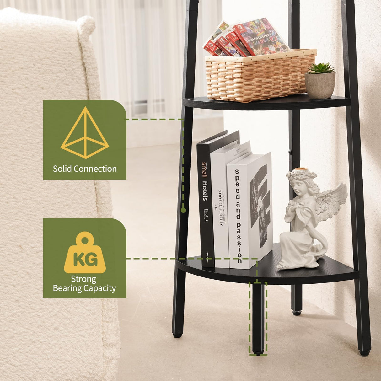 Yoobure Corner Shelf Stand, 5-Tier Bookshelf with LED Lights & Steel Frame, Tall Storage Shelves for Living Room, Bedroom, Office, Multi-Purpose Display Bookcase Yoobure