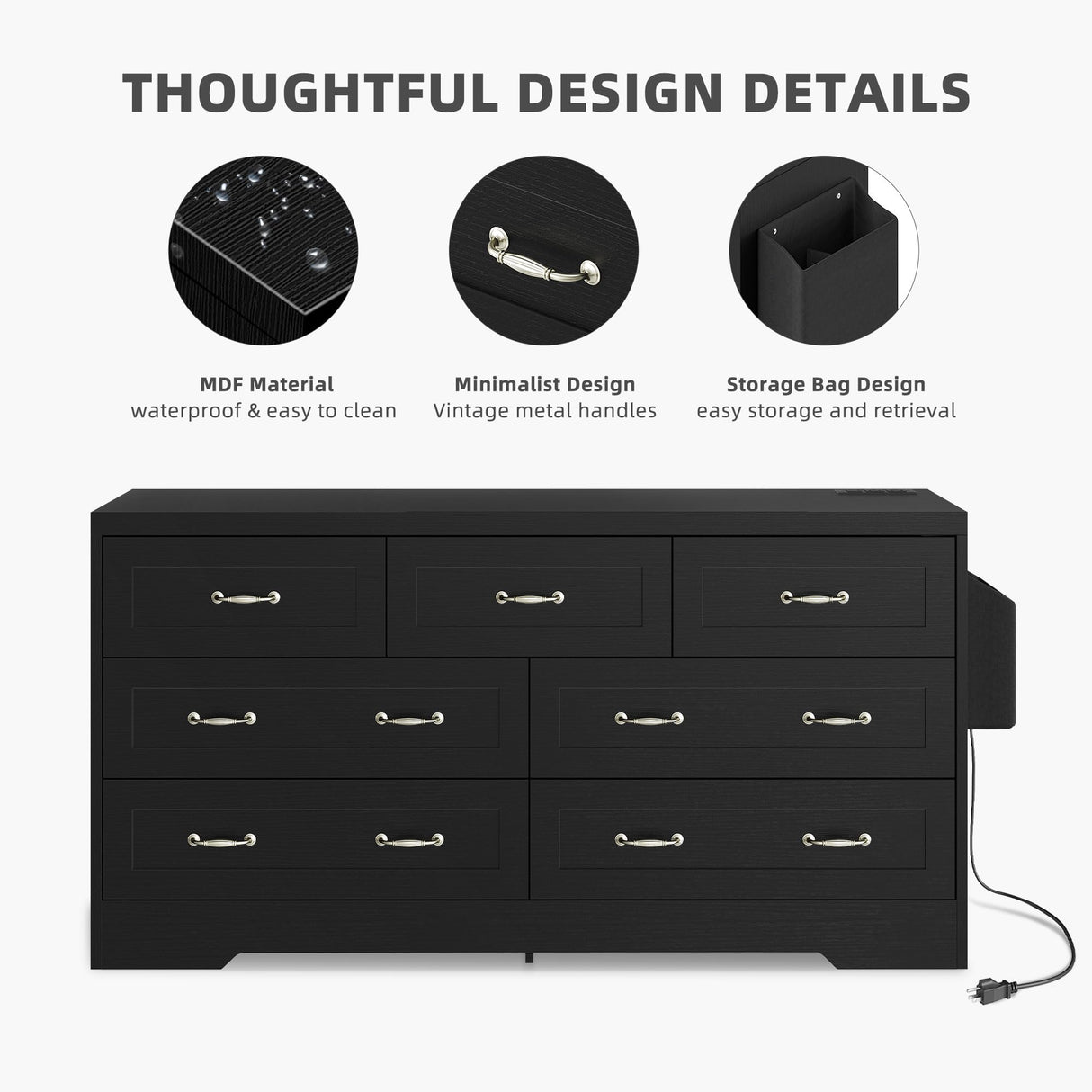 DWVO Farmhouse 7 Drawer Dresser for Bedroom, 59" Wide Large Modern Dresser TV Stand with Drawers & Bar Handles, Storage Dressers with Power Outlets, Rustic Wood Chest of Drawers, Black DWVO