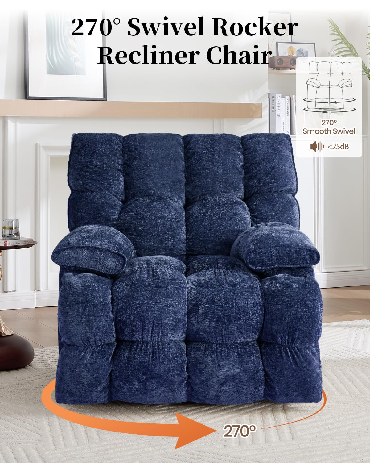 GARTMILAN Oversized Recliner Chair Power Swivel Rocker Recliner for Living Room Chenille Overstuffed Nursery Reclining Sofa Chair Rocking Recliners for Adults 375lbs (Power, Blue) GARTMILAN