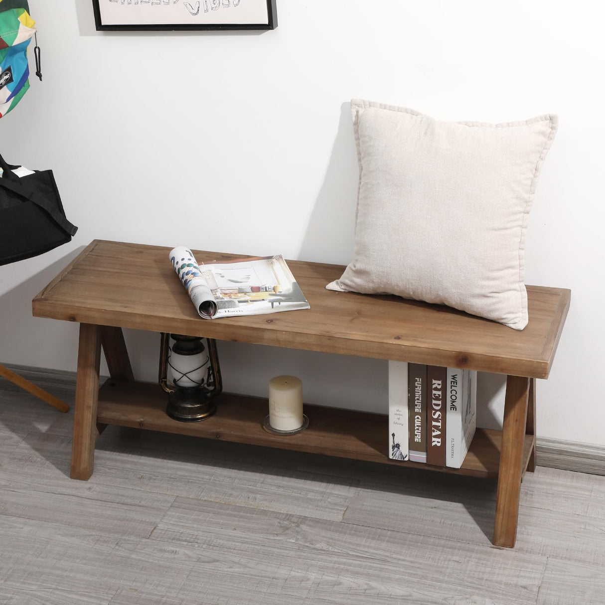 RowyPoey Solid Wood Bench, 43" Farmhouse Entryway Bench for Living Dining Room, Rustic Storage Bench Seat for Indoors and Outdoors, Natural RowyPoey