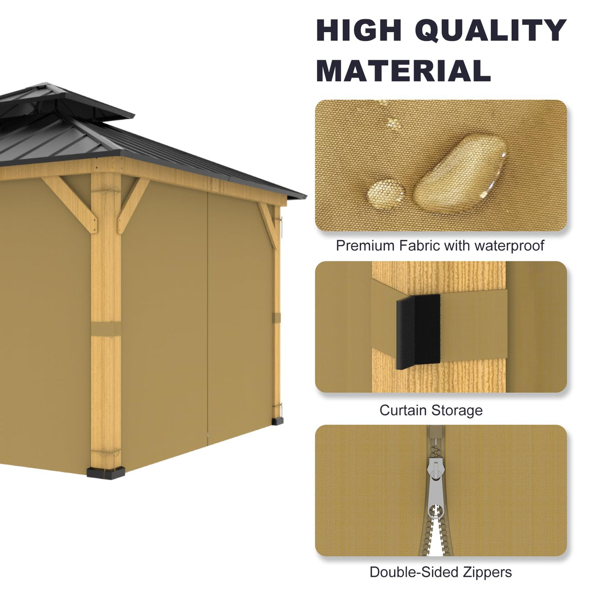 12-ft x 16-ft Gazebo Curtains, Privacy Replacement Sidewall 4-Panel Universal Shade Curtains Set, Protecting Side Walls - Khaki Zupoquk
