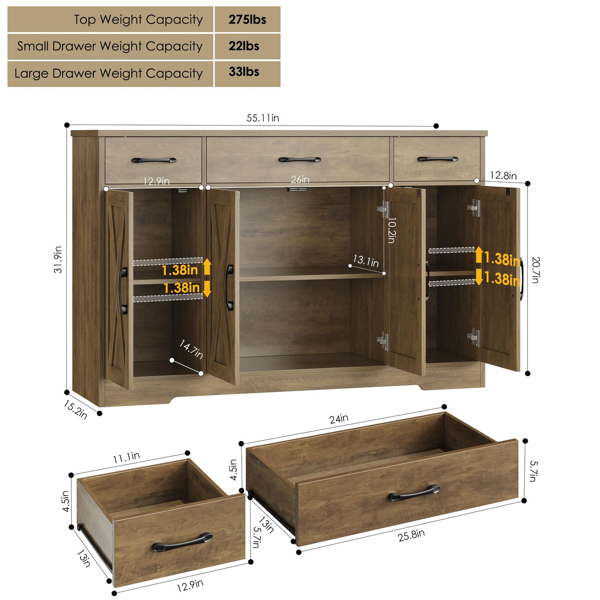 HOSTACK Buffet Sideboard Cabinet with Drawers, 55" Large Buffet Storage Cabinet with Shelves and Doors, Modern Farmhouse Coffee Bar Cabinet Wood Buffet Table for Kitchen, Dining Room, Rustic Brown HOSTACK