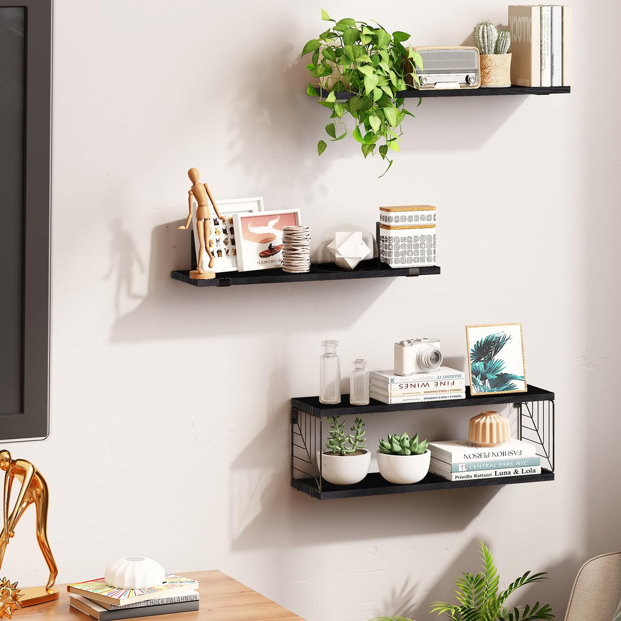 Fixwal 3+1 Tier Bathroom Floating Shelves Over Toilet, 15.8in Farmhouse Rustic Wood Shelves, Wall Decor for Bathroom, Living Room,Bedroom and Kitchen (Black) Fixwal