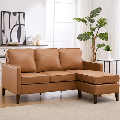 HAOMARKETS Faux Leather L Shaped Couch with Solid Wood Feet, 3-Seater Sofa with Reversible Chaise for Apartment Small Spaces, Sectional Couches for Living Room, Cognac Brown