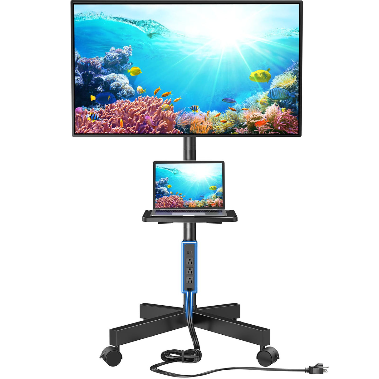 HUANUO Rolling TV Stand with Power Outlet, Mobile TV Cart for 23-60 Inch Flat/Curved LED/LCD/OLED TVs up to 88 lbs, TV Cart Height Adjustable Portable TV Stand on Wheels Max VESA 400x400mm HNTVMC02 HUANUO