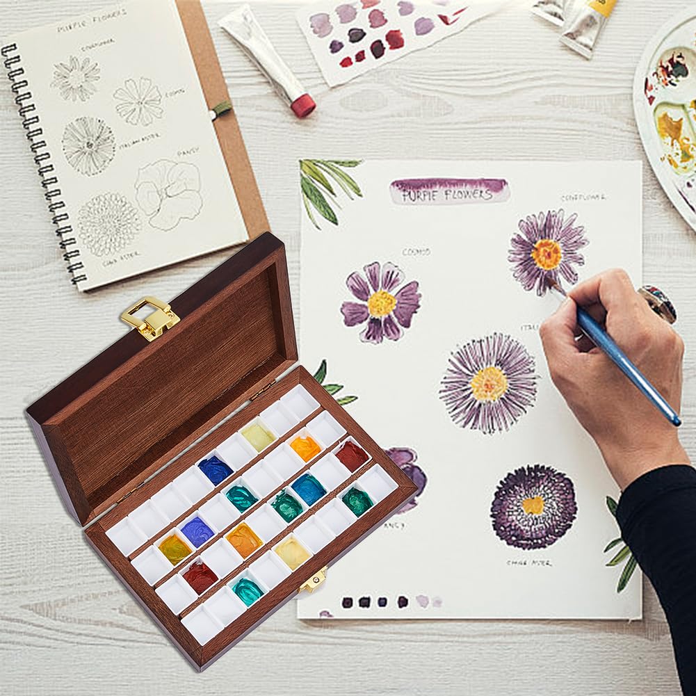 DICOSMETIC 36 Grids Bamboo Watercolor Paint Palette Box Wood Color Artist Paint Tray Empty Watercolor Case Wooden Travel Box for Painters Painting DICOSMETIC