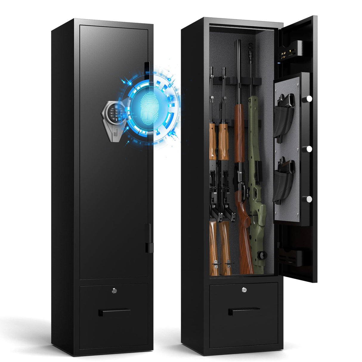 Emasme 5 Gun Cabinets for Rifles and Shotguns, Biometric Long Gun Safe with Pocket Knife Storage, Assembled Gun Cabinet with Locker Drawer, Removable Shelf, LED Light, Pistol Pouches Emasme