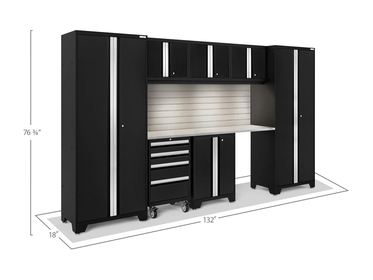 NewAge Products Garage Cabinet Bold Series 10 PC Set Black Include Worktops, LED Lights, 72in. Backsplash, 3 x Wall, Two-Door Base and Rolling Tool Cabinets, 2 x Multi-Use Lockers, 63112 NewAge Products Inc.