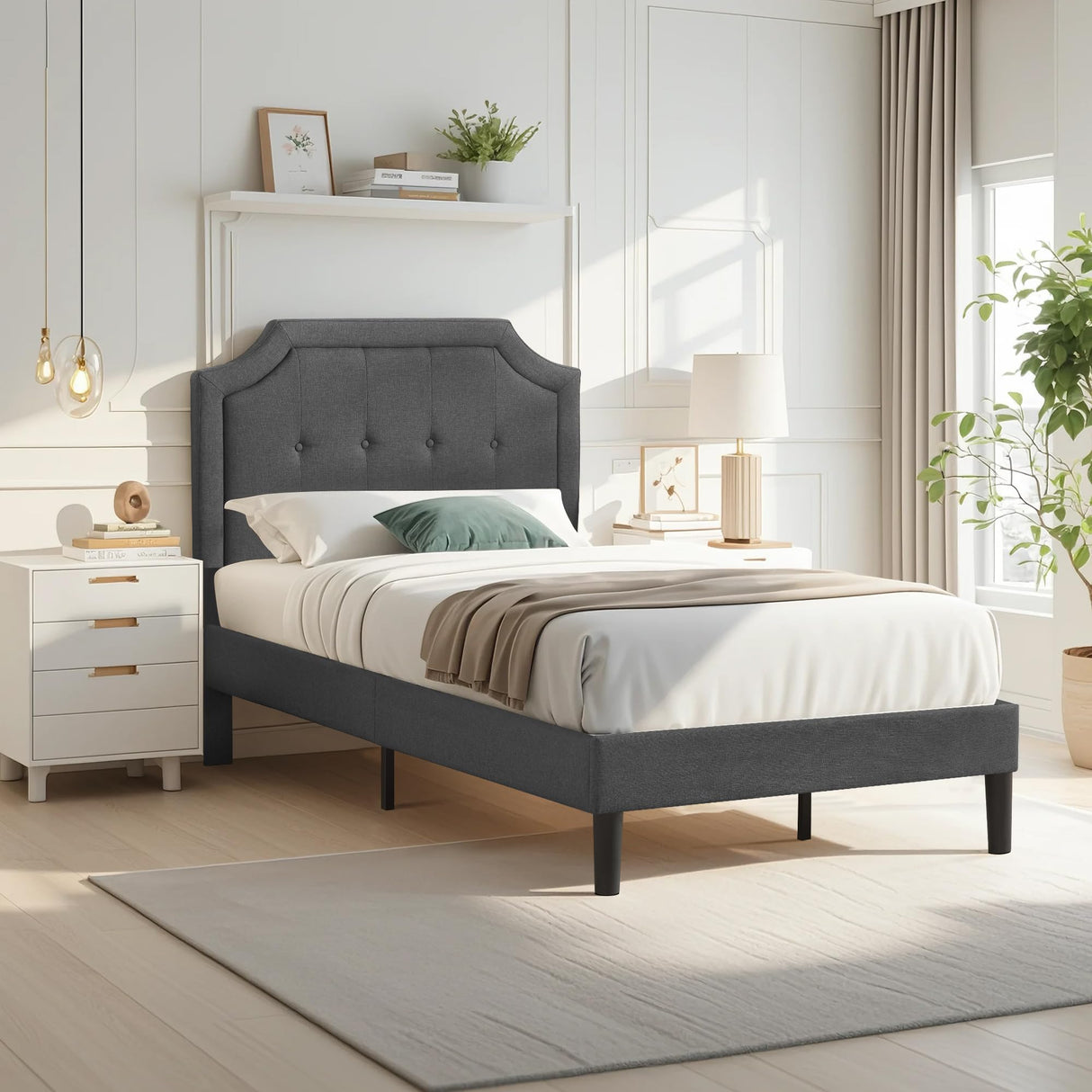 VECELO Twin Size Platform Bed Frame with Fabric Upholstered Headboard and Wooden Slats Support, No Box Spring Needed/Easy Assembly,Grey VECELO