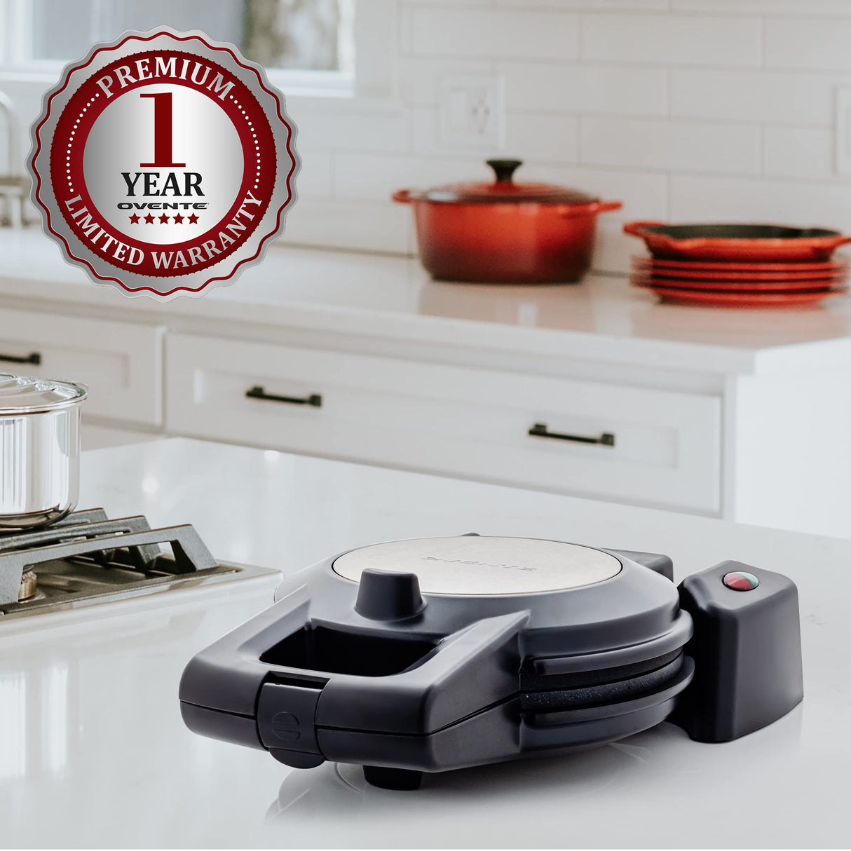 OVENTE Belgian Waffle Maker with Non-Stick Plates, 180° Rotating Function and Cool Touch Handle for Easy Single Flip, Perfect for Cooking 7” Classic Waffles for Breakfast or Snacks, Black WMF1440BR OVENTE