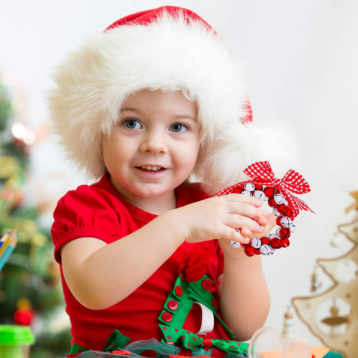 14 Sets Wreath Tree Ornaments Craft Kit with Ribbons, Bows and Bells Assortment for Kids Holiday Winter Bracelets and Necklaces Winlyn