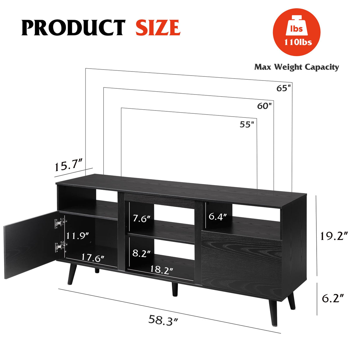 WLIVE TV Stand for 65 Inch TV, 58 inch Entertainment Center with 2 Storage Cabinets, Media Console for Living Room, Bedroom and Office, Black WLIVE