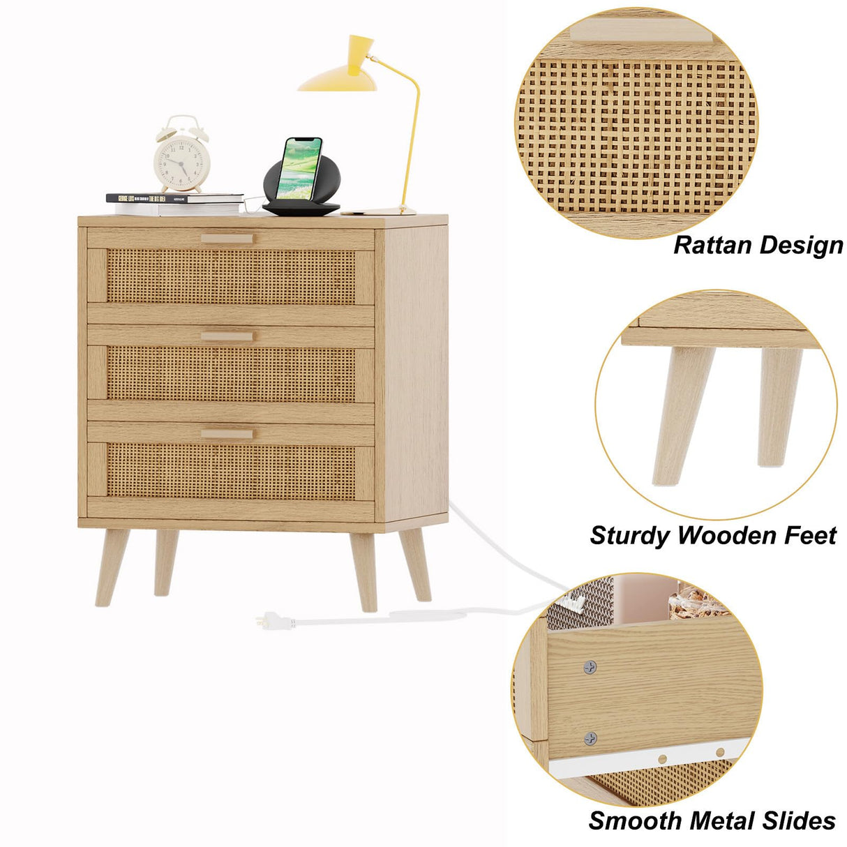 Rovaurx Rattan Nightstand with Charging Station, Night Stand with 3 Drawers, 28.5 Inch Bedside End Table for Bedroom, Side Table with USB Ports and Outlets, Boho Style, Natural RCTG110ME Rovaurx