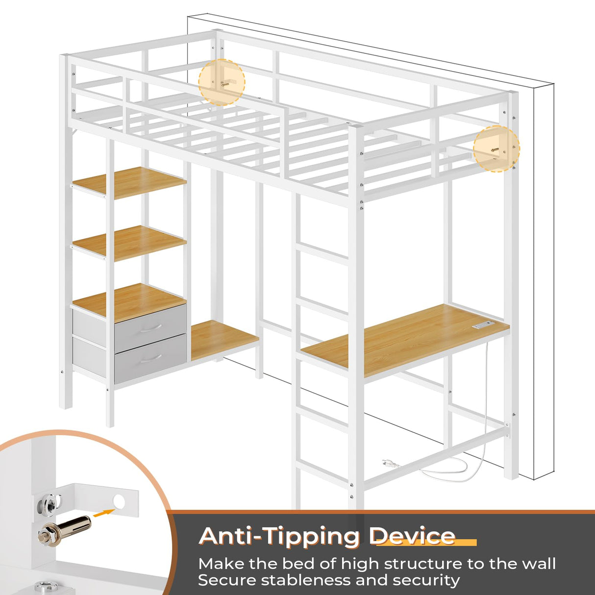 DICTAC Twin Loft Bed with Desk, Charging Station, Storage, Safety Features, and RGB LED Lights - White DICTAC