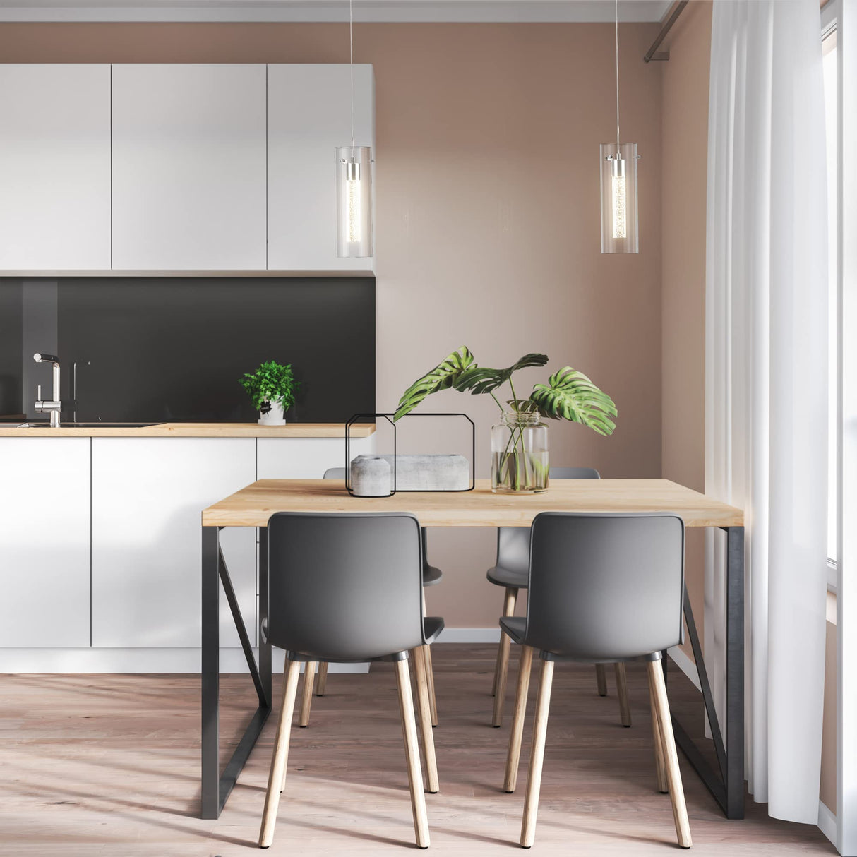 Esfos Pendant Ceiling Light Fixture, LED Kitchen Lighting Crystal Pendant Lights Kitchen Island, 1-Light Integrated Kitchen Hanging Light Fixture Modern Island Light with Bubble Glass Three Pack Esfos