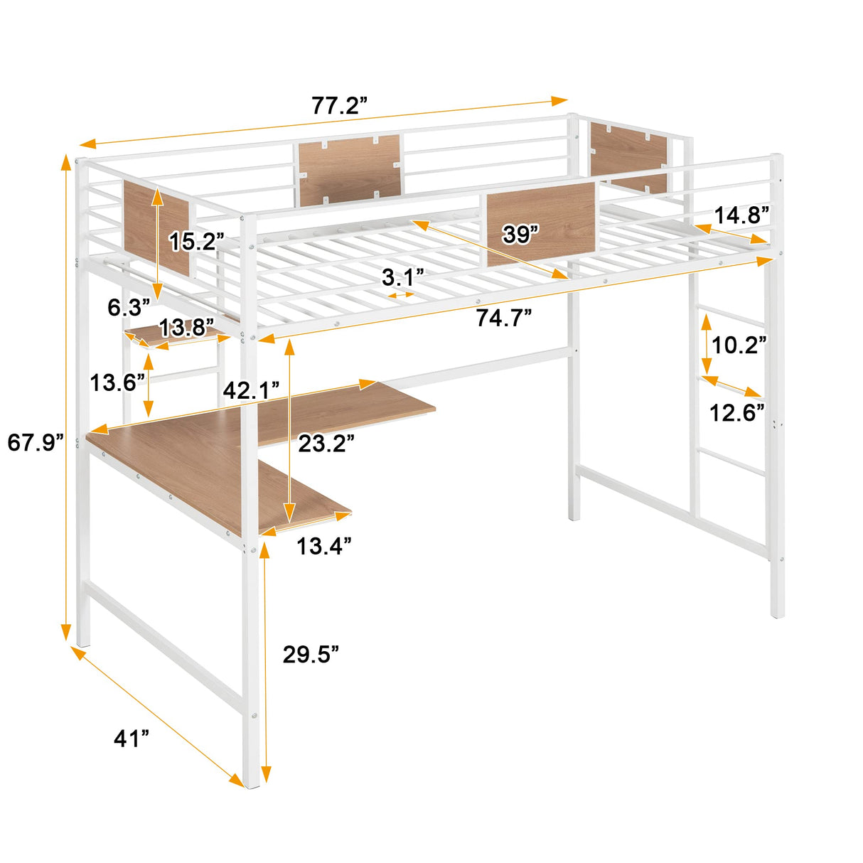 Twin Loft Bed with Desk and Storage Shelf, Metal Loft Bed Twin Size, Kids Loft Bed with Build in Ladder and Guardrails, Twin Loft Bed White Bellemave