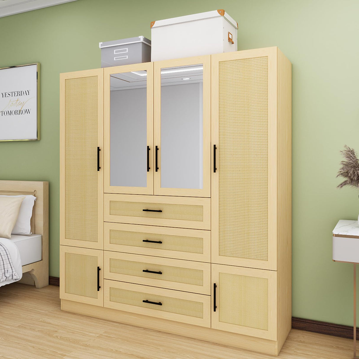 Sophshelter Rattan Armoire Wardrobe Closet: Closet Cabinet with 4 Doors 4 Drawers 2 Hanging Rods Shelves for Bedroom Closet Organizers and Storage with 2 Mirror 62.99''W x 18.9''D x 70.86''H Sophshelter