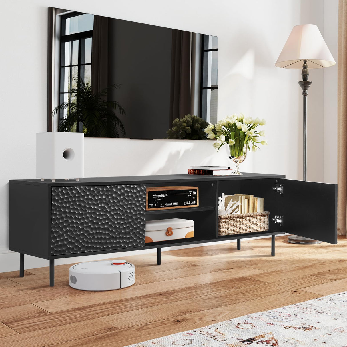 ANJ Modern TV Stand Console with Storage, 63-Inch, Textured Honeycomb Pattern, Black ANJ