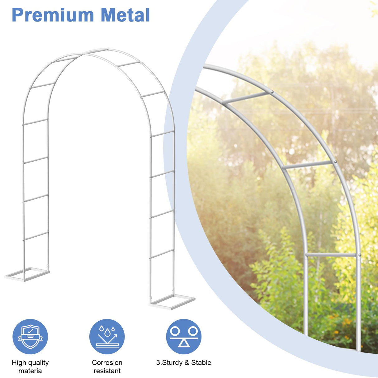 HEOMU Metal Garden Arch Trellis, 5.3 Feet Wide x 7.6 Feet High or 7.9 Feet Wide x 6.3 Feet High, Assemble Freely 2 Sizes, Garden Arbor for Climbing Plant Outdoor & Indoor, Wedding Party Bridal, White HEOMU