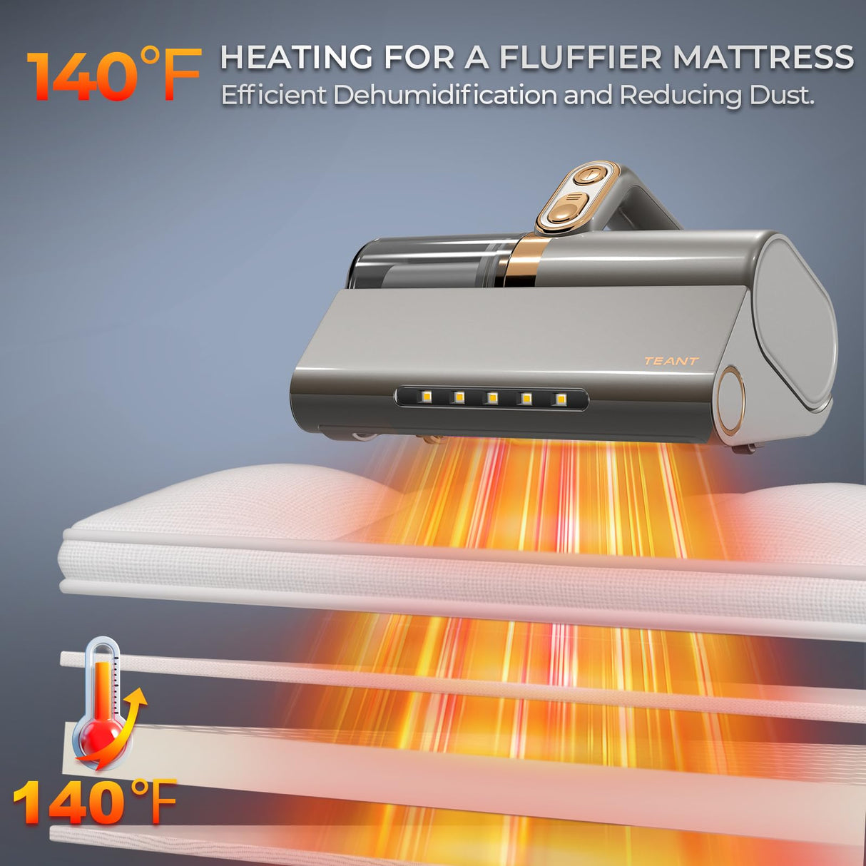 Teant Mattress Vacuum Bed Vacuum Cleaner with 253.7nm UV-C Light, HEPA Filter & 140℉ Heating, 500W & 15Kpa Strong Suction, Lightweight Handheld Vacuum with Dual-Cup Design for Bed and Pet Hair Teant