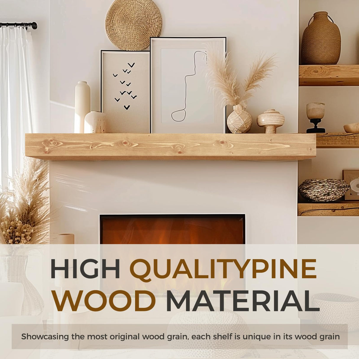 YLYHSST 48" Fireplace Mantel, 5'' Thick Handmade Hollow Solid Wood Wall Long Floating Shelf with Invisible Wood Brackets, Wood YLYHSST