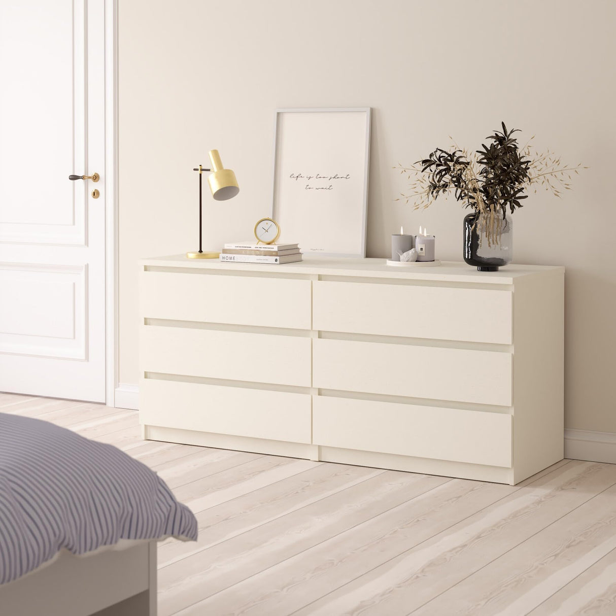 Tvilum 6 Drawer Double Dresser, Bedroom Furniture, Handle-free Drawers, Contemporary, White Tvilum