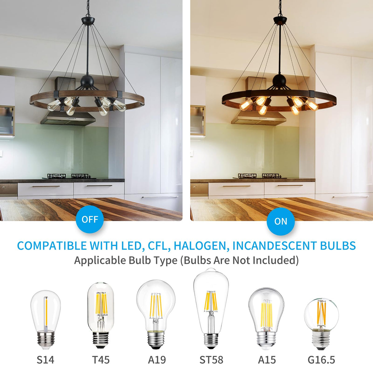 XINGQI 31.5" Wagon Wheel Chandeliers Large Modern Farmhouse Light Fixture, Black & Wood Grain Finish 6-Light for Dining Room Living Room Office XINGQI