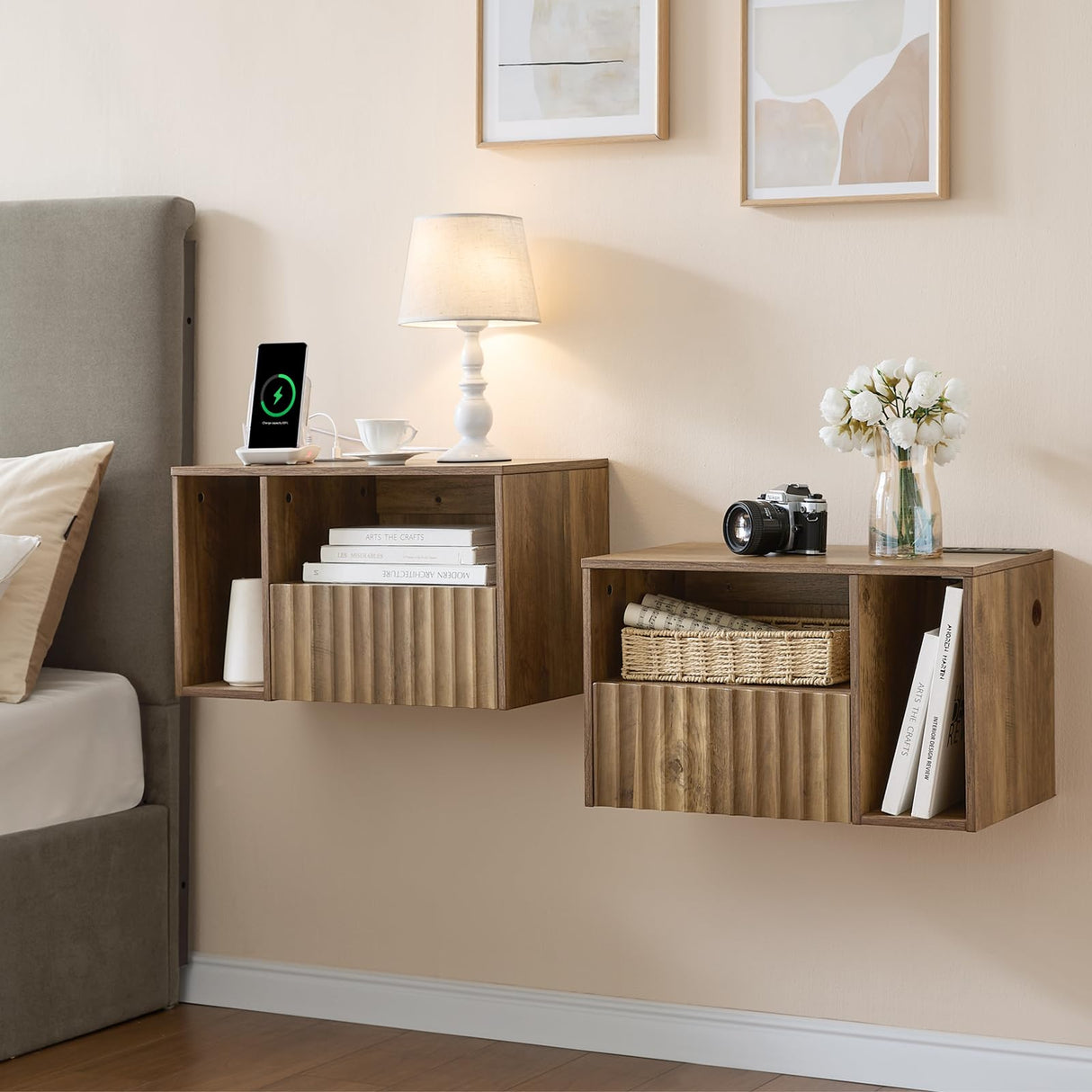 BuildHom Floating Nightstand with Charging Station - Modern Rustic Brown Fluted Bedside Table with Drawer, USB Ports & Outlets (Set of 2) BuildHom