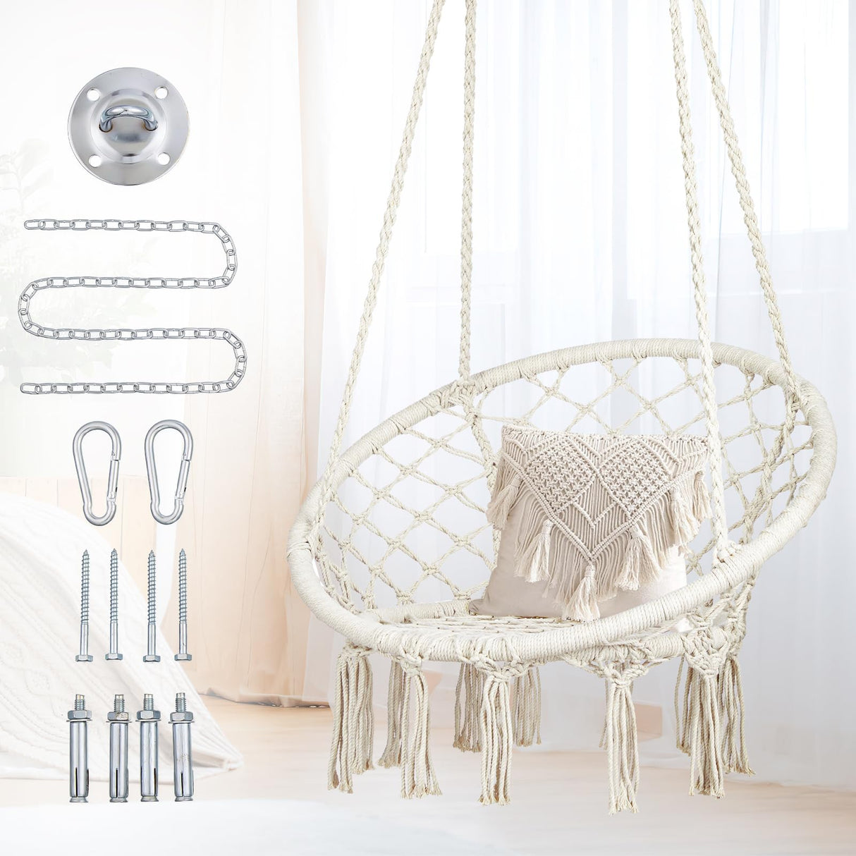 Macrame Hammock Chair Swing with Hardware Kits, Handmade Knitted Hanging Chair for Bedroom,Indoor,Outdoor, Balcony, Yard, Porch- 265 Pound Capacity -29.53" L x 29.53" W x 45.28" H Mertonzo