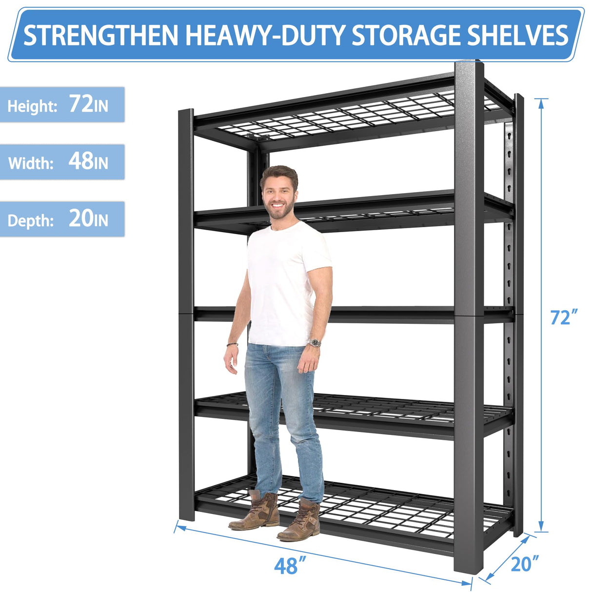 Nexvrtau 5-Tier Heavy Duty Garage Shelving Unit with Wire Shelves,3000 LBS Capacity Metal Storage Rack 72"H x 48"W x 20"D,Adjustable Boltless Steel Shelves for Garage,Basement,Pantry,Warehouse.1 Pack Nexvrtau