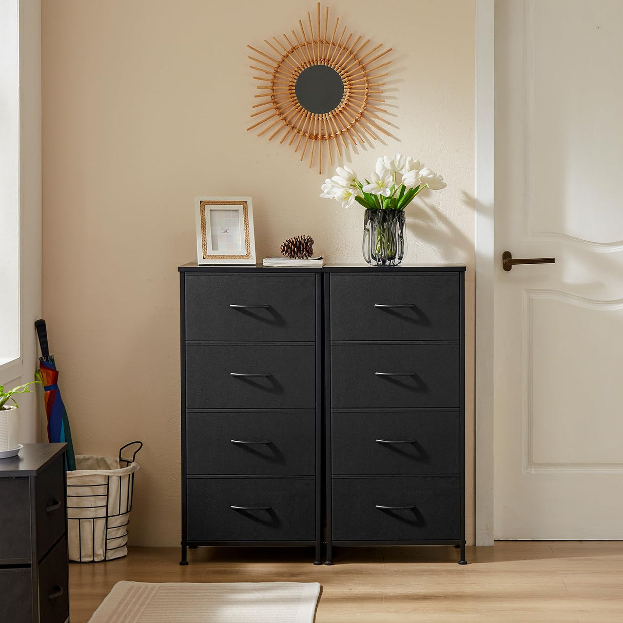 DUMOS Nightstand with 4 Drawers Bedside Table with Removable Fabric Bins Sturdy Steel Frame Wood Top Organizer Furniture for Bedroom Closet Living Room DUMOS