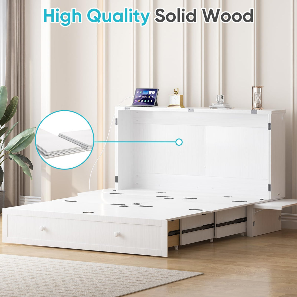 CECER Queen Size Solid Wood Murphy Bed with Memory Foam Mattress,Murphy Bed with Charging Station and Two Large Storage Drawers for Small Spaces/Bedroom/Guest Room(White) CECER