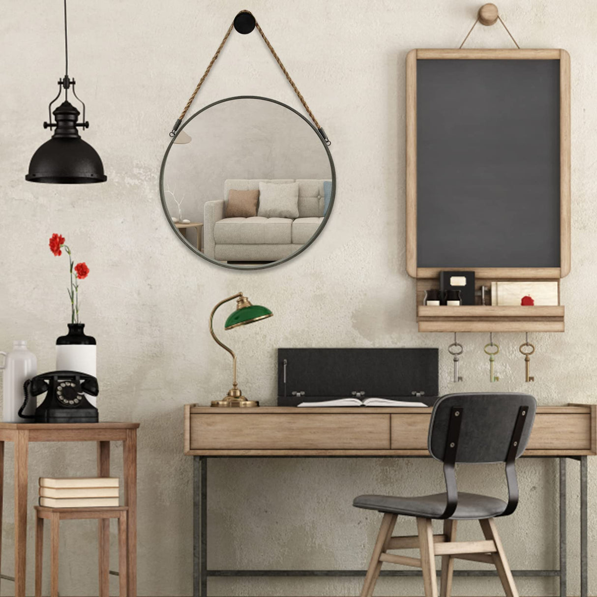 POZINO Round Mirror, Rope Hanging Mirror, 15 Inch Farmhouse Circle Wall Mirror for Bathroom Bedroom Living Room Entryway Home Decor, Grey POZINO