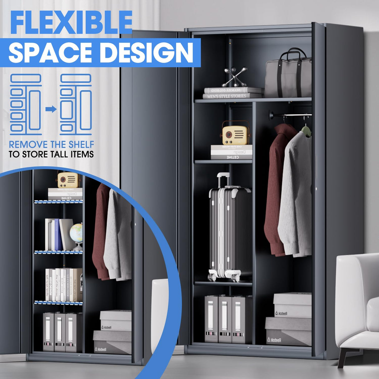 DNA MOTORING Metal Storage Cabinet, 72" Storage Wardrobe with Lock and Hanging Rod, Locking Cabinet Heavy Duty Utility Cabinet with 4 Shelves for Garage,Office,Home,Gym, Gray, TOOLS-00633-GY-GY DNA MOTORING