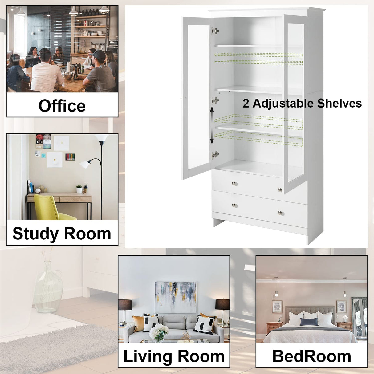YIGOBUY White Bookcase with Glass Doors Tall Display Cabinet Wooden Bookshelf Organizer for Home Bedroom, Living Room, Office, Curio Cabinet Freestanding Kitchen Pantry YIGOBUY