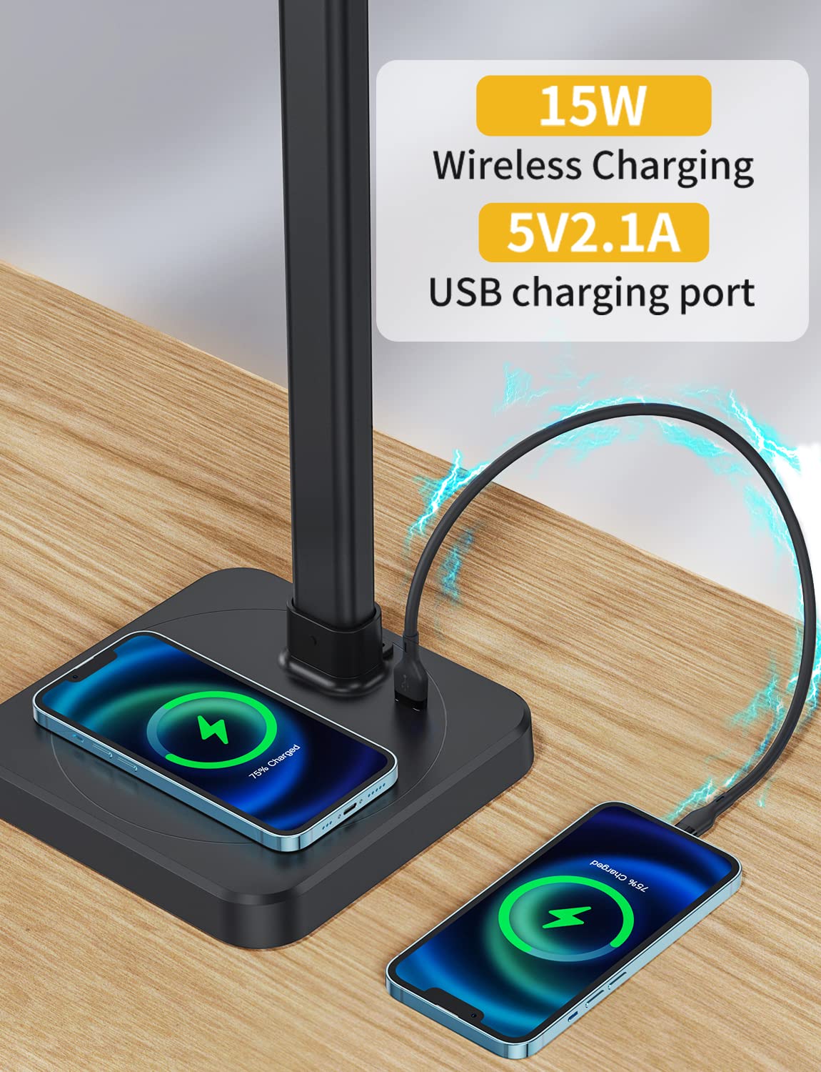 AKRRYR LED Desk Lamp for Home Office, Double Head 24W with USB Charging Port & Wireless Charger, Architect Light 5 Lighting Brightness Flexible Gooseneck Table Reading Study, Black AKRRYR