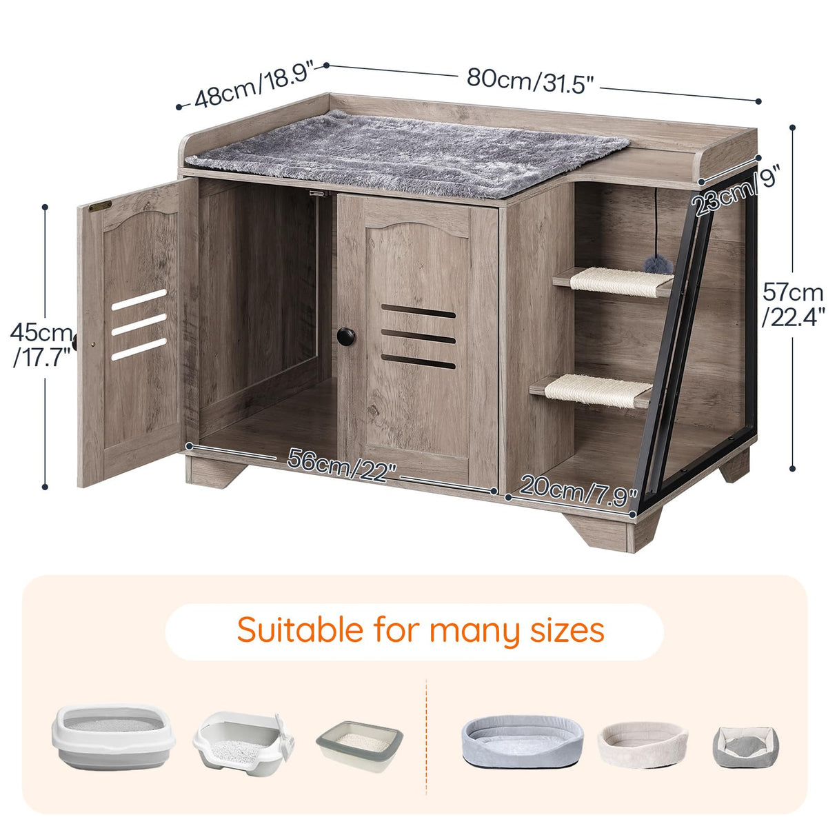 HOOBRO Cat Litter Box Enclosure with Ladder, Hidden Litter Box Furniture with Rechargeable 3-Color LED, Plush, Teaser Balls, 31.5" L x 18.9" W x 22.4" H, All-in-One, Black and Greige BG48MW01G1 HOOBRO