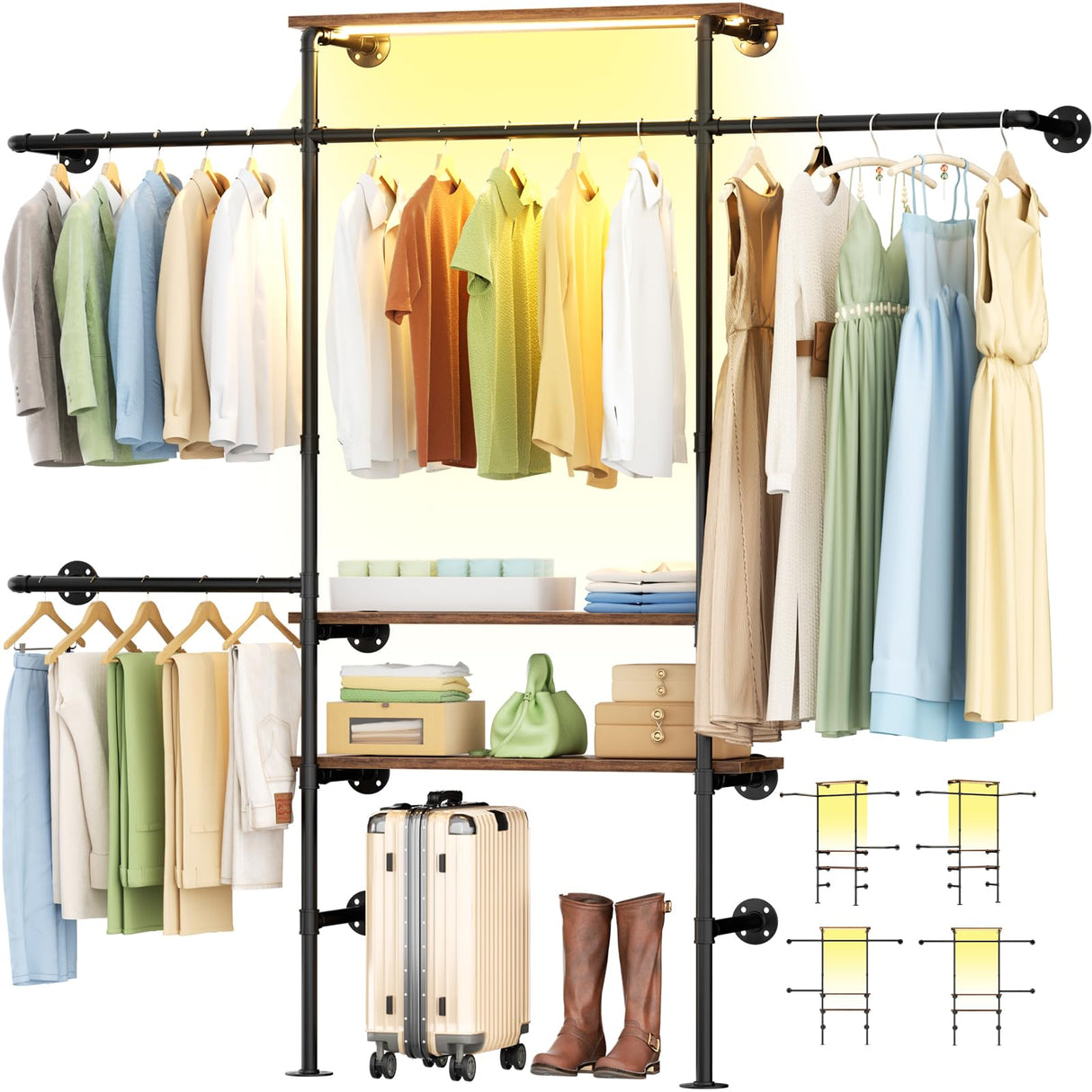 Cyclysio Industrial Pipe Clothing Rack, Reversible 7.25FT Wall Mounted Clothes Rack, Heavy Duty Garment Racks Closet Wardrobe with LED Lights& Shelves, Walk-in Closet System, Brown Cyclysio