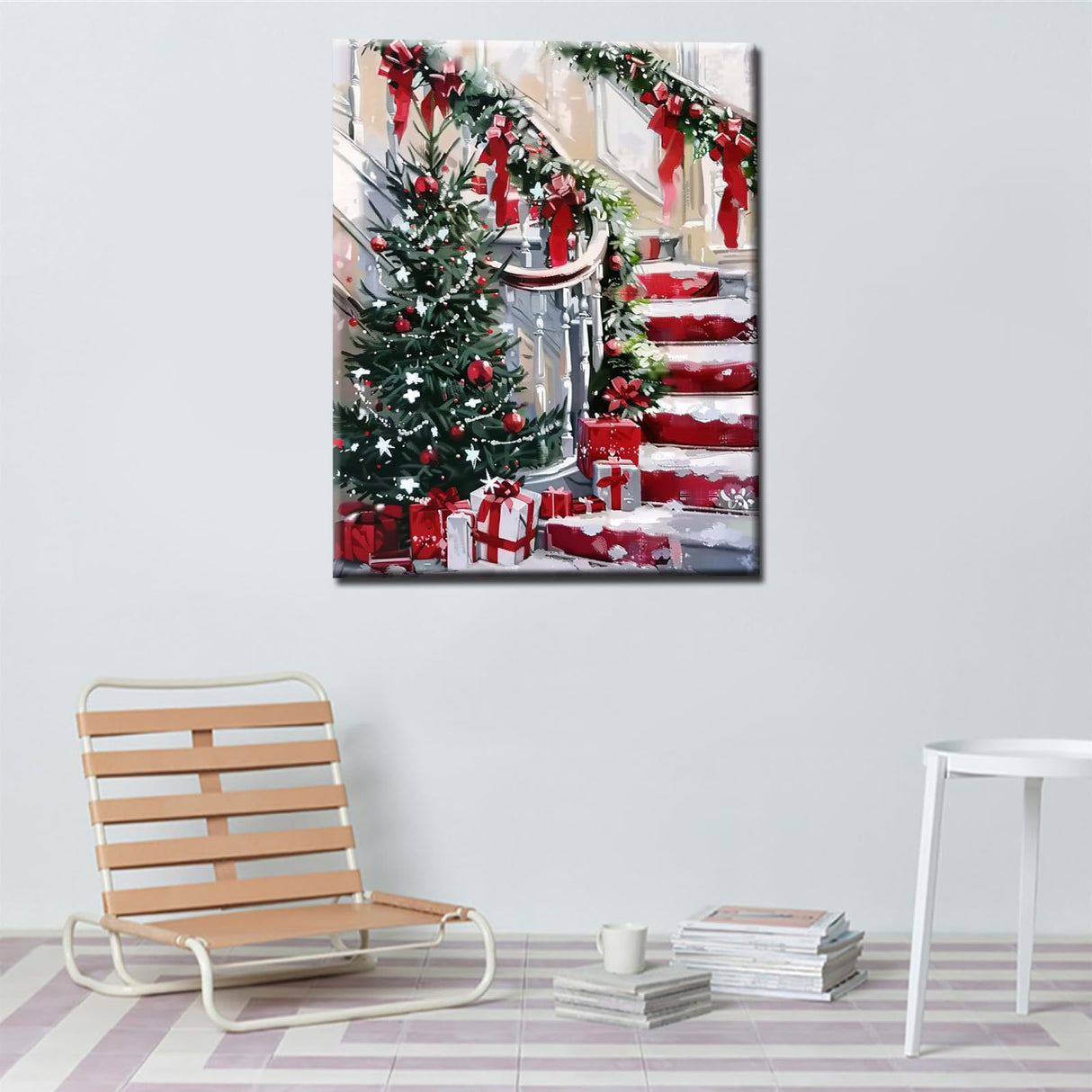 Tucocoo Merry Christmas Painting Fashion Red Stairs Paint by Number Kits 16 x 20 inch Canvas DIY Xmas Tree Oil Painting for Adults Beginner with Brushes and Acrylic Gift Box Art Home Decor(Frameless) Tucocoo