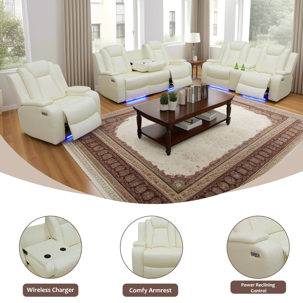 GEBADOL Leather Power Recliner Set with LED, 3-Piece Recliner Sofa and Loveseat Chair with Storage Console/Charging Port, Modern Reclining Furniture for Living Room (Cream-White, Sofa+2 Chairs) GEBADOL
