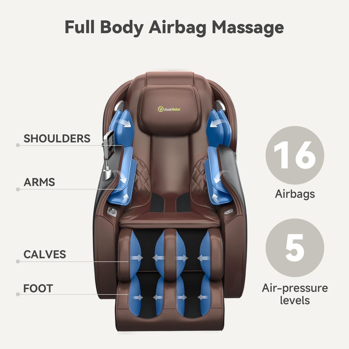 Real Relax Favor-06 Brown and Black Full Body Zero Gravity SL-Track Shiatsu Massage Chair Recliner with Heat, Bluetooth Foot Roller, 3D Massage, Airbag Massage, App & Remote Control Real Relax