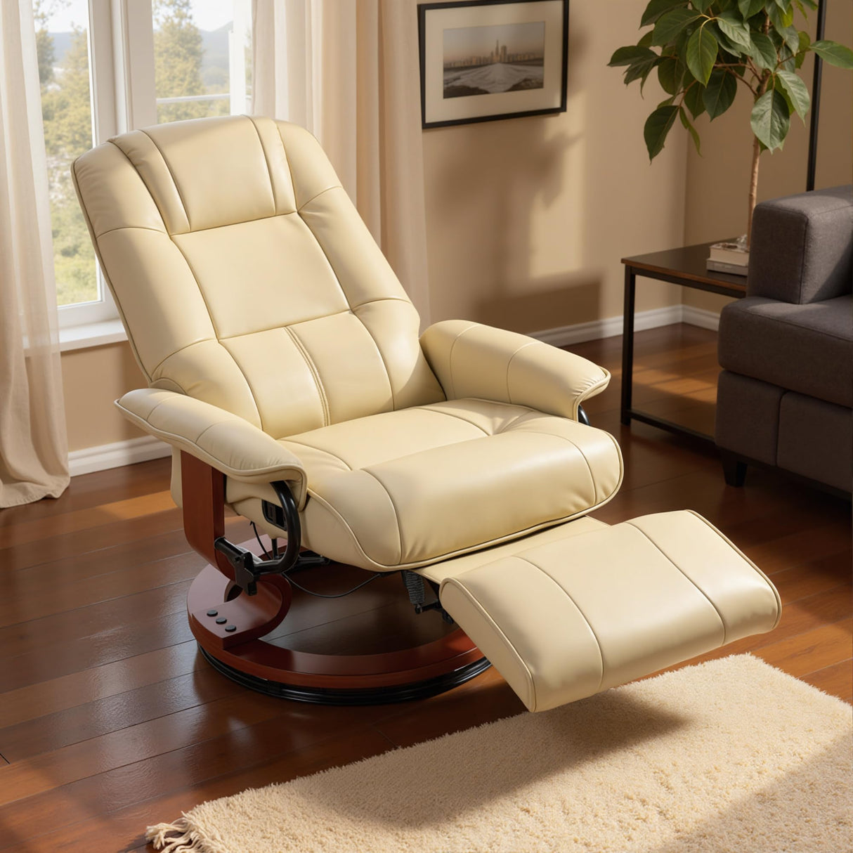 HOMCOM Swivel Recliner Chair, PU Leather Adjustable Lounge Chair with Footrest, Armrest, Wooden Base, Plush Recliner for Living Room, Cream White HOMCOM