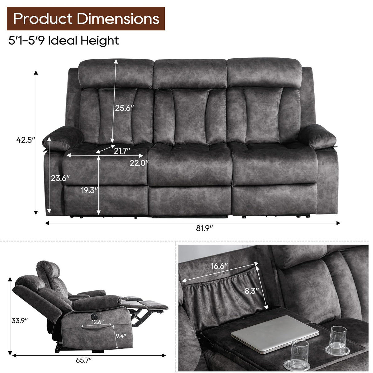 GUEAPY 3 Seater Power Reclining Sofa with Heat & Massage, Drop Down Table with Cup Holders, USB & Type-C Ports, Dutch Velvet Recliner Couch for Living Room, Home Theater & RV, Independent Controls GUEAPY